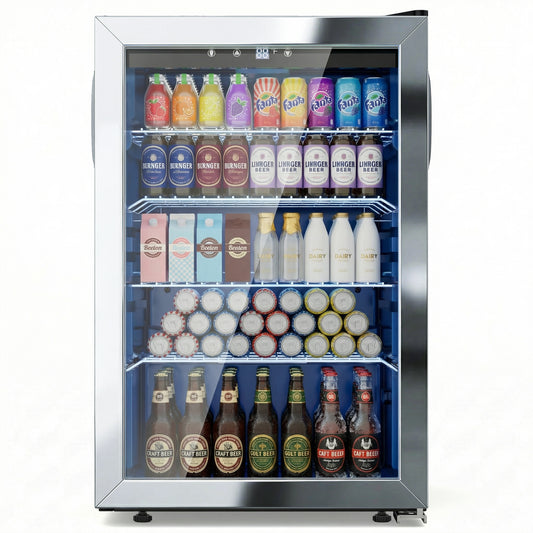 Snowyermine 150 Can Beverage Refrigerator and Cooler with Glass Door for Home, 20.67 in W, 31.4 in H, Silver