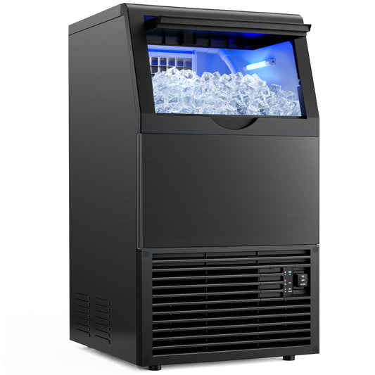 Snowyermine Commercial Ice Maker, 100 lbs/24H, Built-In & Freestanding, 33 lb Storage Bin, 6 Ice Thickness Levels, Black