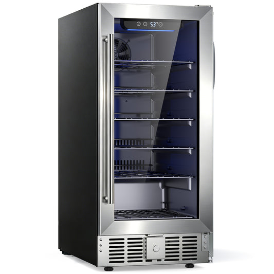 Snowyermine 15 Inch Beverage Refrigerator Under Counter - 130 Cans Beverage Fridge with Glass Door for Beer Wine Soda, Silver Stainless Steel