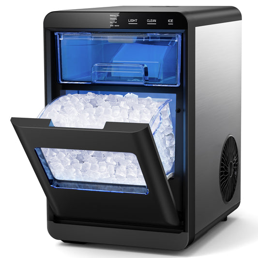 Snowyermine Countertop Nugget Ice Maker, 44 lbs/Day, Chewable Pebble Ice Machine with Self-Cleaning, for Home, Kitchen and Office, Stainless Steel Silver