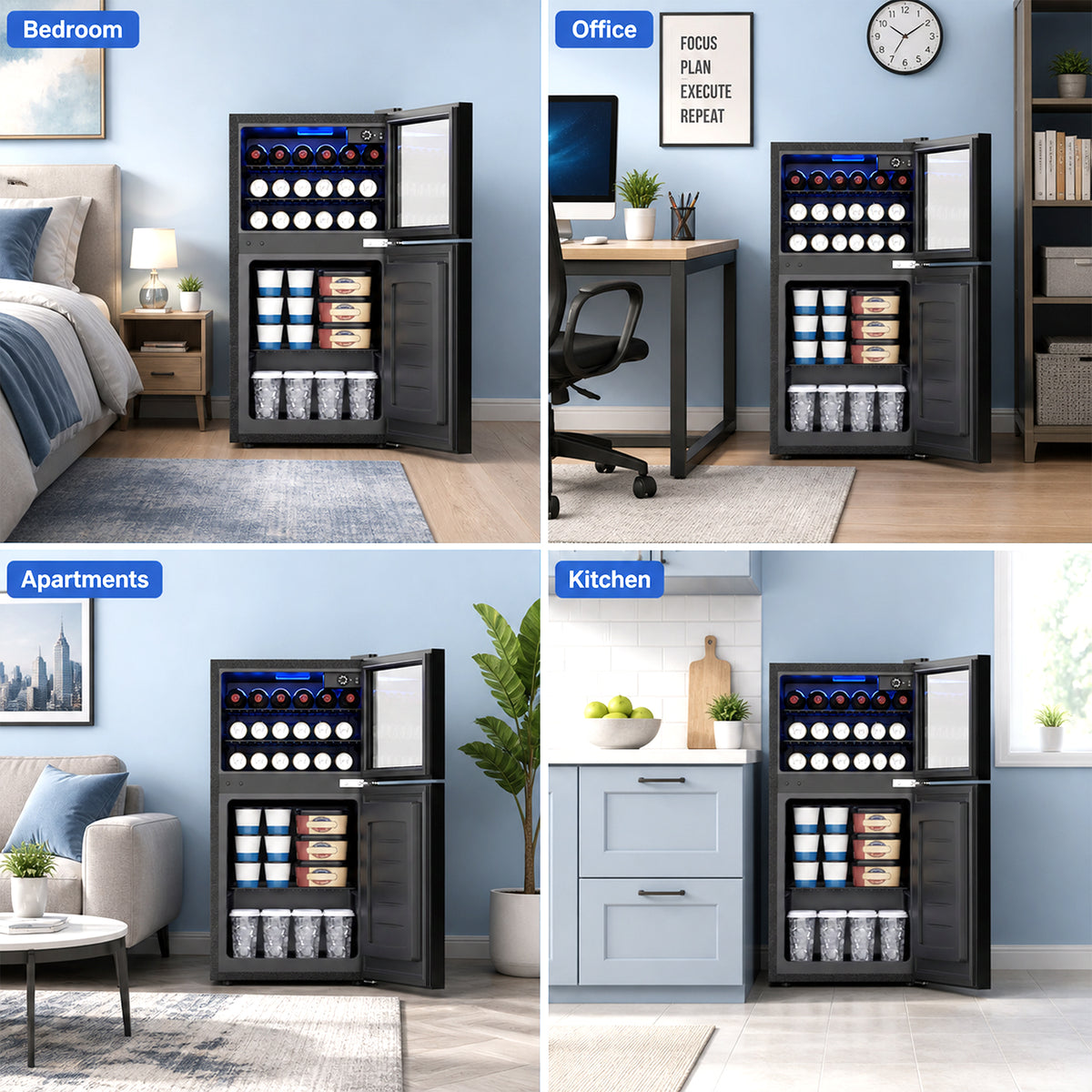 Snowyermine 2.6 cu.ft. Beverage Refrigerator with Freezer, Dual-Zone Mini Fridge with Glass Door and LED Light, Freestanding for Home, Office