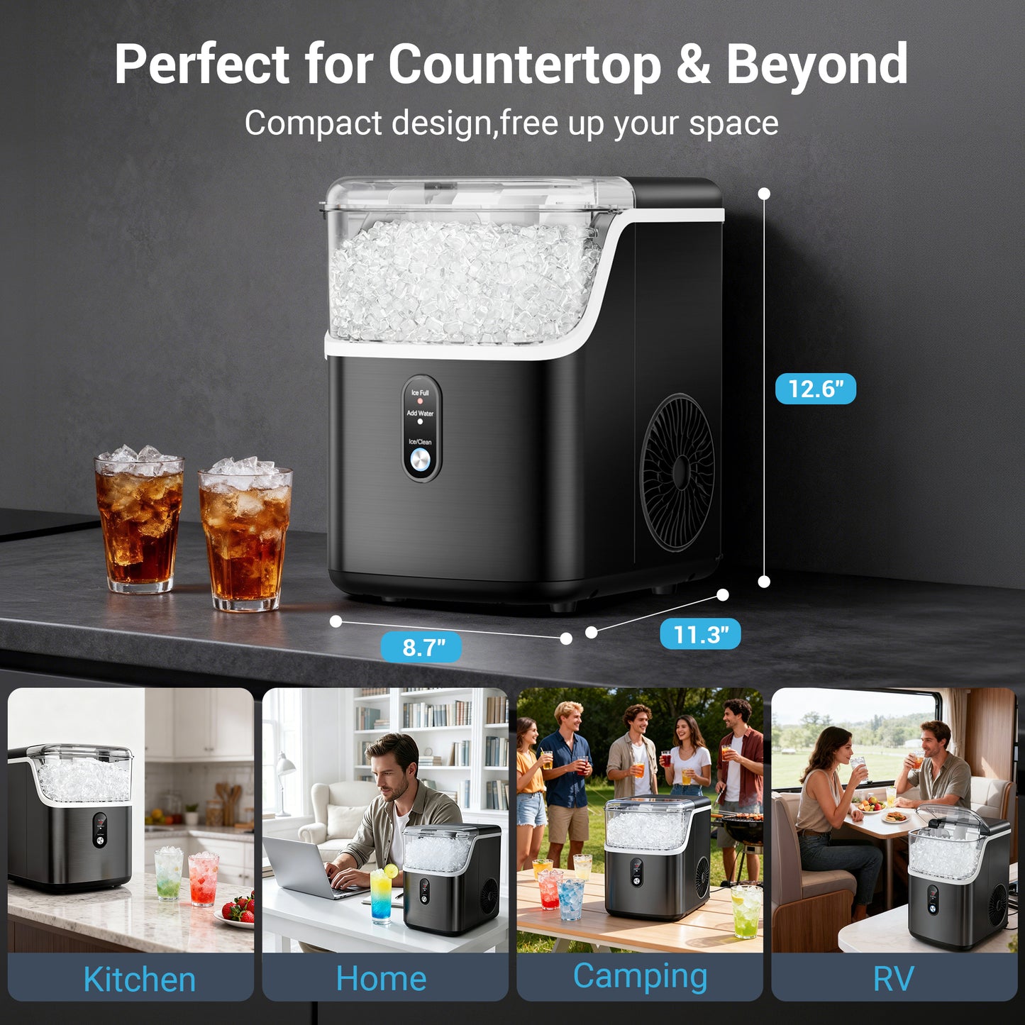 Snowyermine 35lb Nugget Ice Maker Portable Countertop, Pebble Crushed Soft Chewable Ice Maker Machine, Stainless Steel,Black