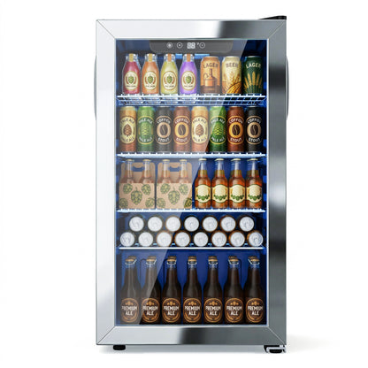 Snowyermine 130 Can Beverage Refrigerator and Cooler with Glass Door for Home, 17.3 in W, 31.5 in H, Silver