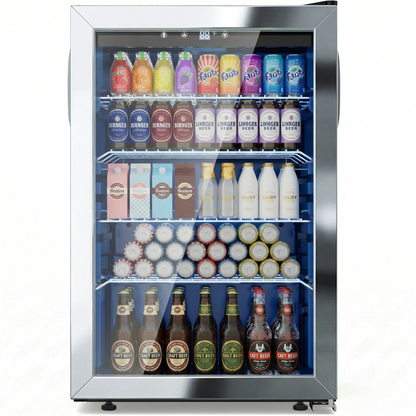 Snowyermine 150 Can Beverage Refrigerator and Cooler with Glass Door for Home, 20.67 in W, 31.4 in H, Silver