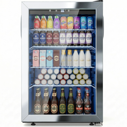 Snowyermine 150 Can Beverage Refrigerator and Cooler with Glass Door for Home, 20.67 in W, 31.4 in H, Silver