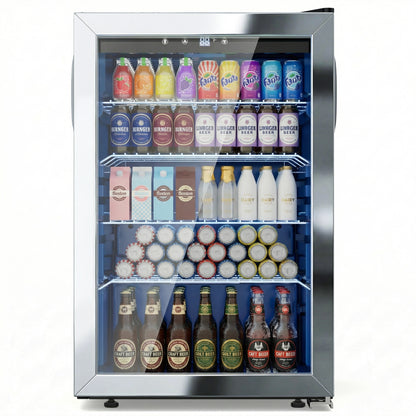 Snowyermine 150 Can Beverage Refrigerator and Cooler with Glass Door for Home, 20.67 in W, 31.4 in H, Silver