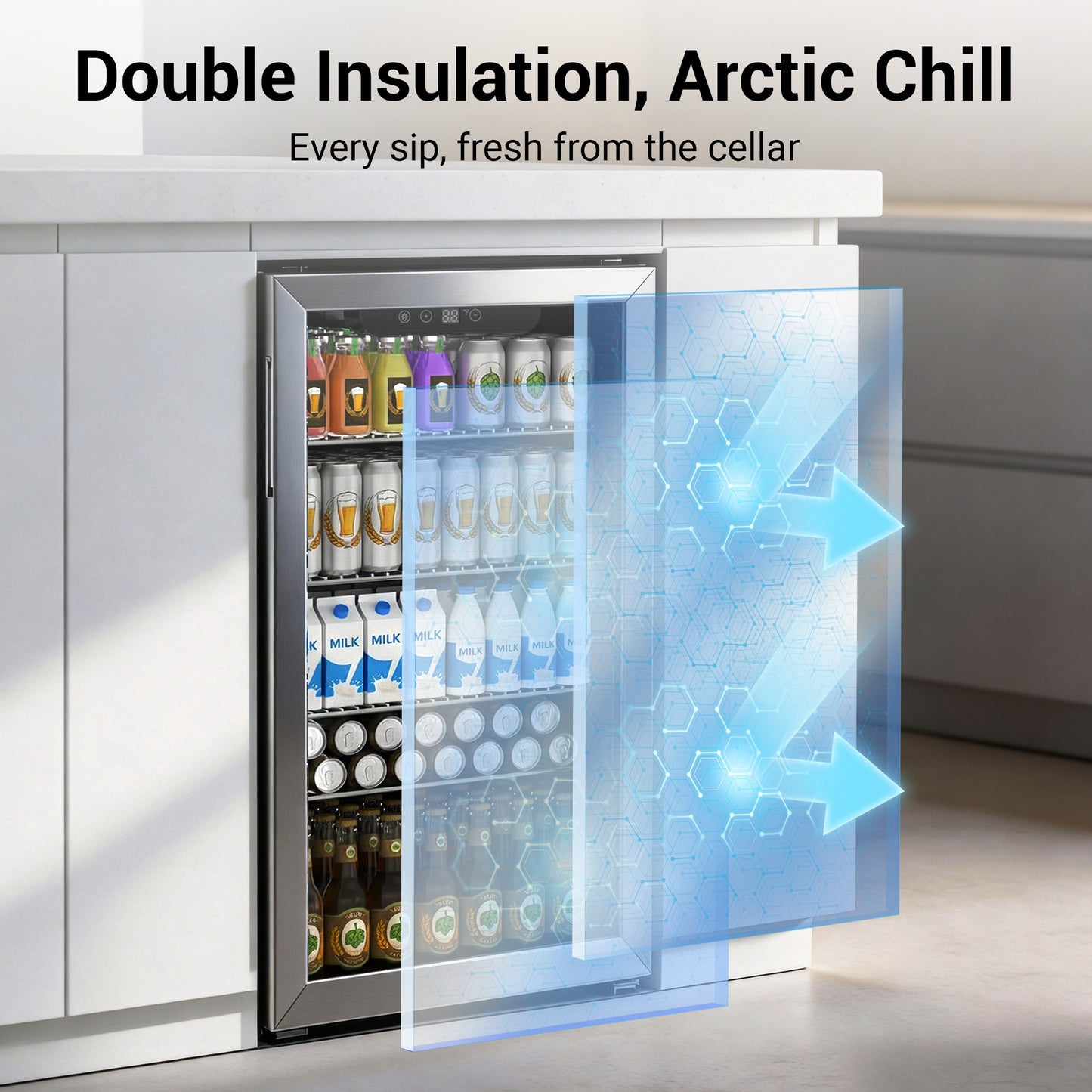Snowyermine 130 Can Beverage Refrigerator and Cooler with Glass Door for Home, 17.3 in W, 31.5 in H, Silver
