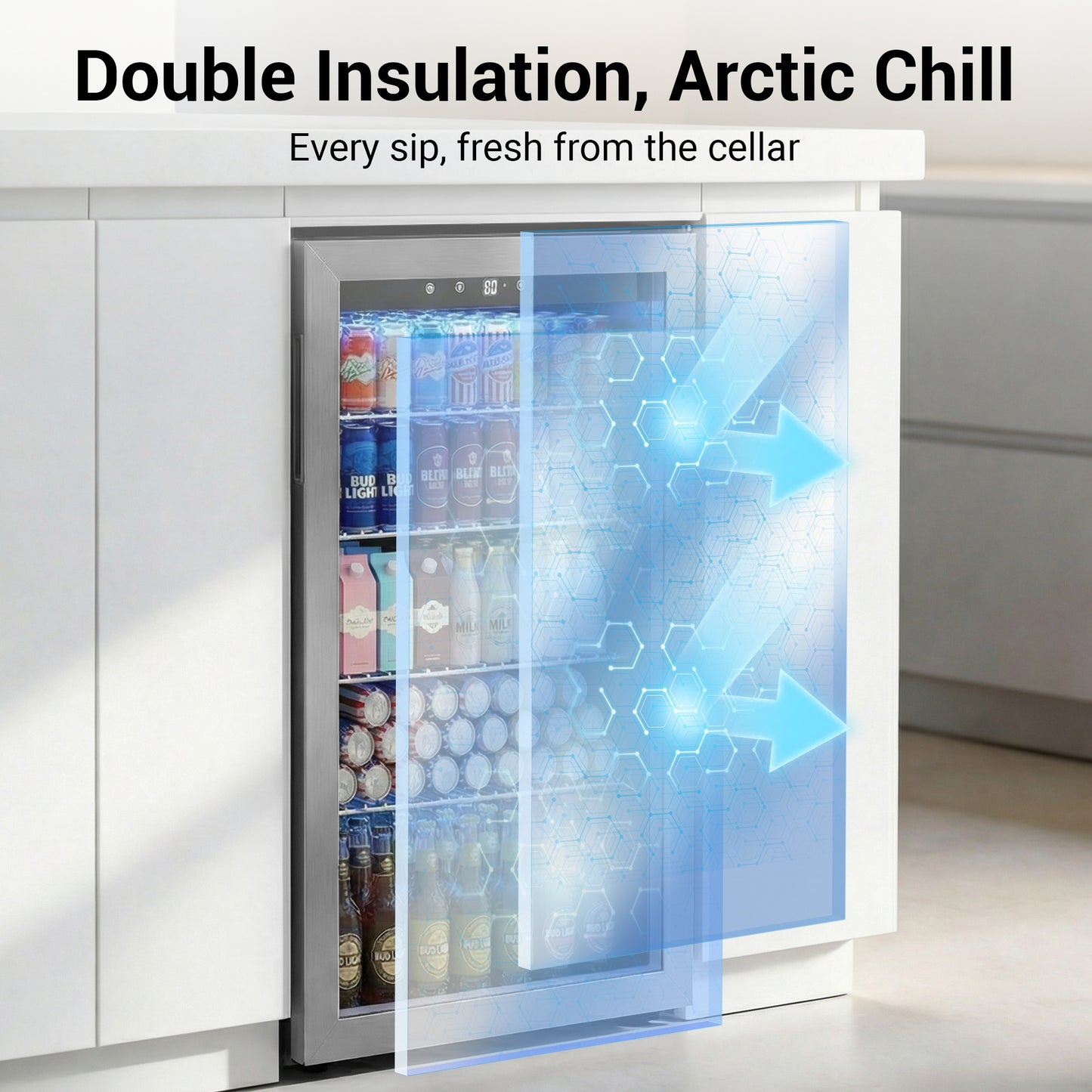 Snowyermine 150 Can Beverage Refrigerator and Cooler with Glass Door for Home, 20.67 in W, 31.4 in H, Silver