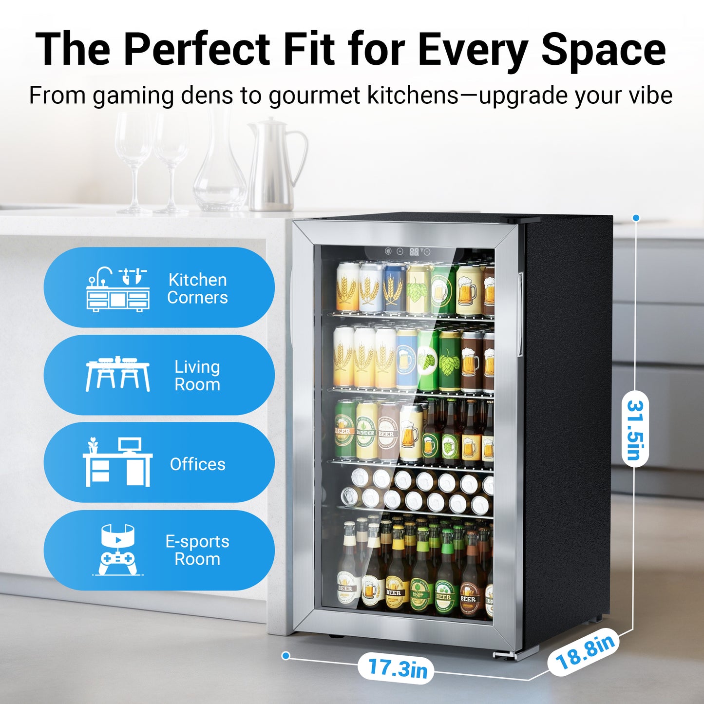 Snowyermine 130 Can Beverage Refrigerator and Cooler with Glass Door for Home, 17.3 in W, 31.5 in H, Silver