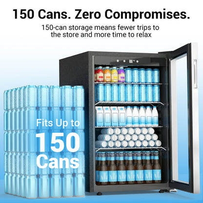 Snowyermine 150 Can Beverage Refrigerator and Cooler with Glass Door for Home, 20.67 in W, 31.4 in H, Silver