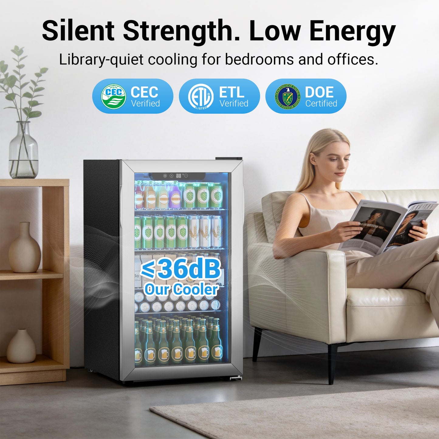 Snowyermine 130 Can Beverage Refrigerator and Cooler with Glass Door for Home, 17.3 in W, 31.5 in H, Silver