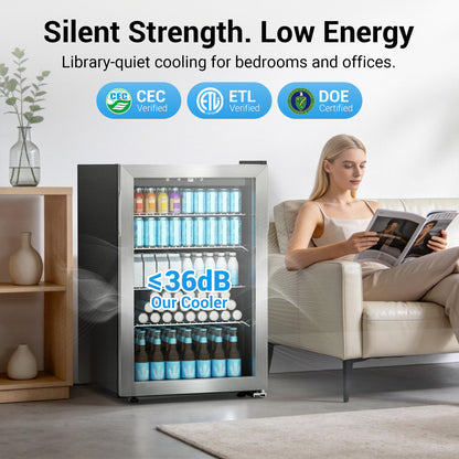 Snowyermine 150 Can Beverage Refrigerator and Cooler with Glass Door for Home, 20.67 in W, 31.4 in H, Silver