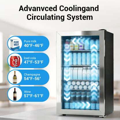 Snowyermine 130 Can Beverage Refrigerator and Cooler with Glass Door for Home, 17.3 in W, 31.5 in H, Silver