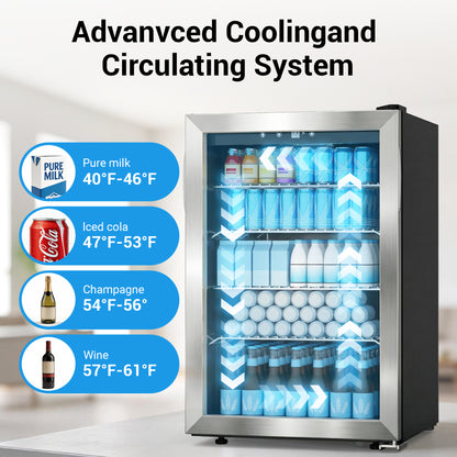 Snowyermine 150 Can Beverage Refrigerator and Cooler with Glass Door for Home, 20.67 in W, 31.4 in H, Silver
