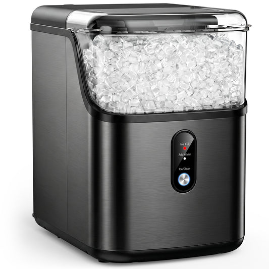 Snowyermine Nugget Ice Maker Countertop, 35 lbs per Day, Soft, Chewable Sonic-Style Pebble Ice, One-Touch Self-Cleaning, Stainless Steel, Black, for Home, Kitchen, Office, RV and Camping