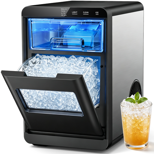 Snowyermine Nugget Ice Maker Countertop, 44 lbs per Day, Soft, Chewable Sonic-Style Pebble Ice, One-Touch Self-Cleaning, Stainless Steel, Black, for Home, Kitchen, Office, RV and Camping