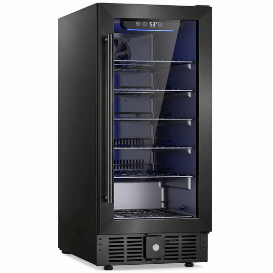 Snowyermine 15 Inch Beverage Refrigerator Under Counter - 130 Cans Beverage Fridge with Glass Door for Beer Wine Soda, Black Stainless Steel