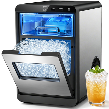 Snowyermine Nugget Ice Maker Countertop, 44 lbs per Day, Soft, Chewable Sonic-Style Pebble Ice, One-Touch Self-Cleaning, Stainless Steel, Black, for Home, Kitchen, Office, RV and Camping