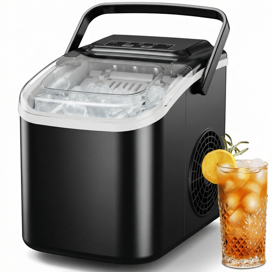 Snowyermine Countertop Ice Maker with Handle,Portable Ice Machine with Basket and Scoop, 8 Bullet Ice In 6 Mins, 26Lbs/24H, Self-Cleaning