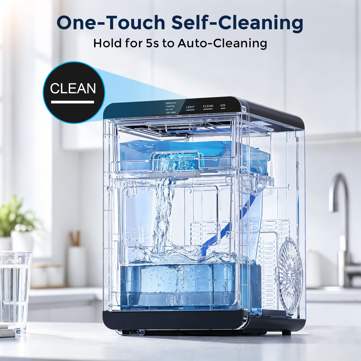 Snowyermine Nugget Ice Maker Countertop, 44 lbs per Day, Soft, Chewable Sonic-Style Pebble Ice, One-Touch Self-Cleaning, Stainless Steel, Black, for Home, Kitchen, Office, RV and Camping