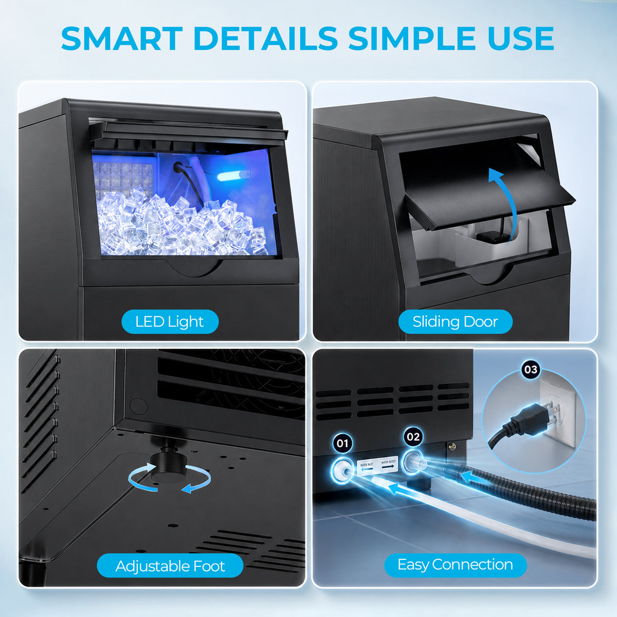 Snowyermine Commercial Ice Maker, 100 lbs/24H, Built-In & Freestanding, 33 lb Storage Bin, 6 Ice Thickness Levels, Black