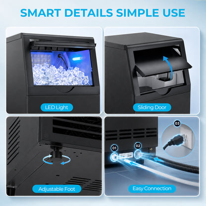 Snowyermine Commercial Ice Maker, 100 lbs/24H, Built-In & Freestanding, 33 lb Storage Bin, 6 Ice Thickness Levels, Black
