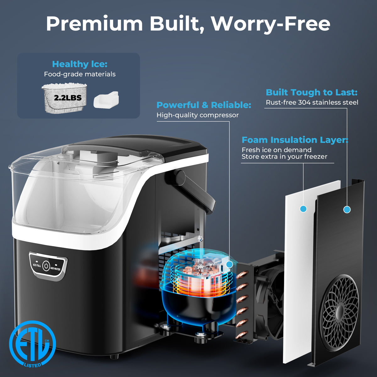 Snowyermine Nugget Ice Maker with Handle, 35lbs/Day Countertop Ice Maker Ready in 5 Mins, Soft Sonic Ice, Auto-Cleaning Ice Makers Portable Ice Machine for Home Kitchen Office Families