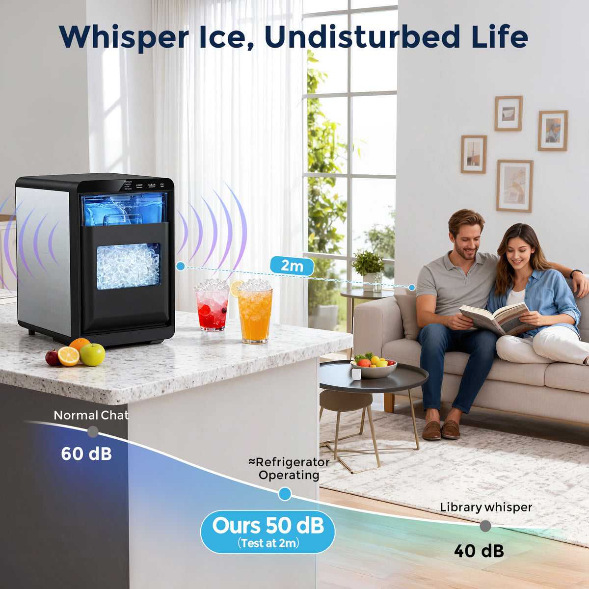 Snowyermine Nugget Ice Maker Countertop, 44 lbs per Day, Soft, Chewable Sonic-Style Pebble Ice, One-Touch Self-Cleaning, Stainless Steel, Black, for Home, Kitchen, Office, RV and Camping