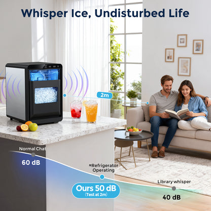 Snowyermine Nugget Ice Maker Countertop, 44 lbs per Day, Soft, Chewable Sonic-Style Pebble Ice, One-Touch Self-Cleaning, Stainless Steel, Black, for Home, Kitchen, Office, RV and Camping