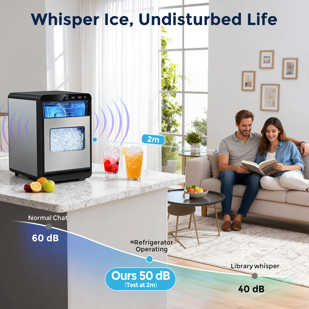 Snowyermine Nugget Ice Maker Countertop, 44 lbs per Day, Soft, Chewable Sonic-Style Pebble Ice, One-Touch Self-Cleaning, Stainless Steel, Silver, for Home, Kitchen, Office, RV and Camping