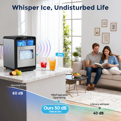Snowyermine Nugget Ice Maker Countertop, 44 lbs per Day, Soft, Chewable Sonic-Style Pebble Ice, One-Touch Self-Cleaning, Stainless Steel, Silver, for Home, Kitchen, Office, RV and Camping