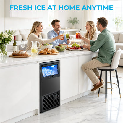 Snowyermine Commercial Ice Maker, 100 lbs/24H, Built-In & Freestanding, 33 lb Storage Bin, 6 Ice Thickness Levels, Black