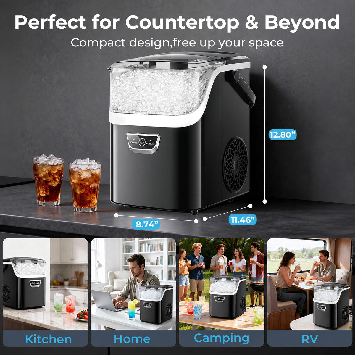 Snowyermine Nugget Ice Maker with Handle, 35lbs/Day Countertop Ice Maker Ready in 5 Mins, Soft Sonic Ice, Auto-Cleaning Ice Makers Portable Ice Machine for Home Kitchen Office Families