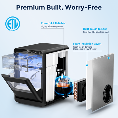 Snowyermine Nugget Ice Maker Countertop, 44 lbs per Day, Soft, Chewable Sonic-Style Pebble Ice, One-Touch Self-Cleaning, Stainless Steel, Black, for Home, Kitchen, Office, RV and Camping