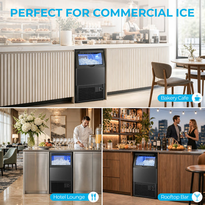 Snowyermine Commercial Ice Maker, 100 lbs/24H, Built-In & Freestanding, 33 lb Storage Bin, 6 Ice Thickness Levels, Black