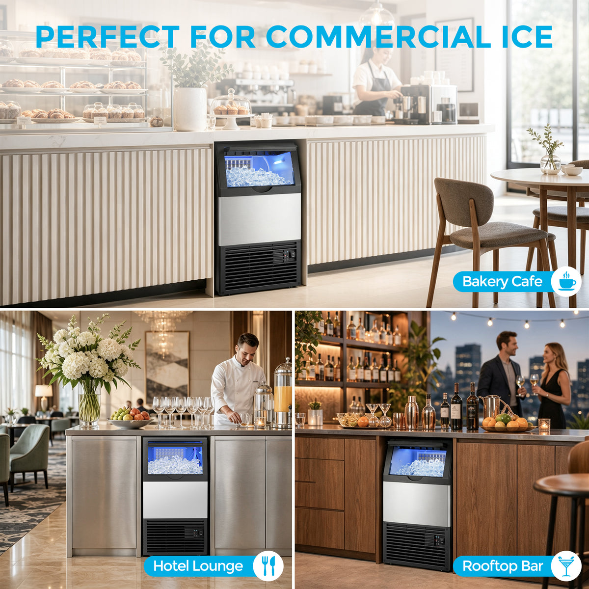 Snowyermine Commercial Undercounter Ice Maker, 100 lb Daily Output with 33 lb Ice Storage, Built-In or Freestanding Ice Machine, Self-Cleaning, Silver