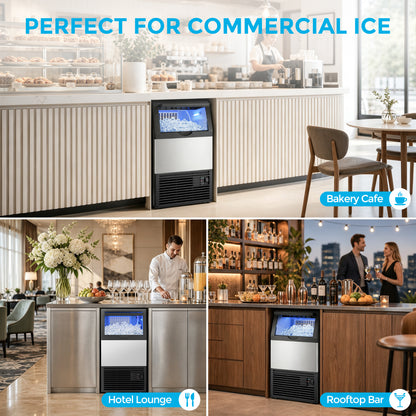 Snowyermine Commercial Undercounter Ice Maker, 100 lb Daily Output with 33 lb Ice Storage, Built-In or Freestanding Ice Machine, Self-Cleaning, Silver
