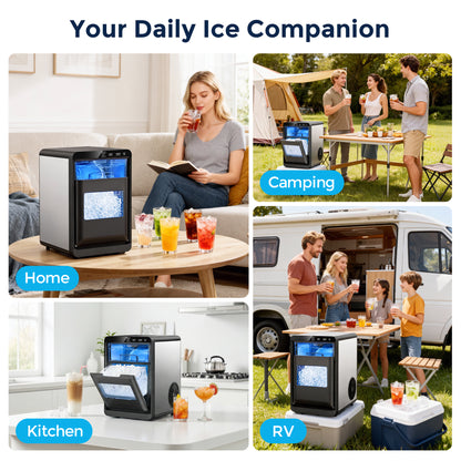Snowyermine Nugget Ice Maker Countertop, 44 lbs per Day, Soft, Chewable Sonic-Style Pebble Ice, One-Touch Self-Cleaning, Stainless Steel, Black, for Home, Kitchen, Office, RV and Camping