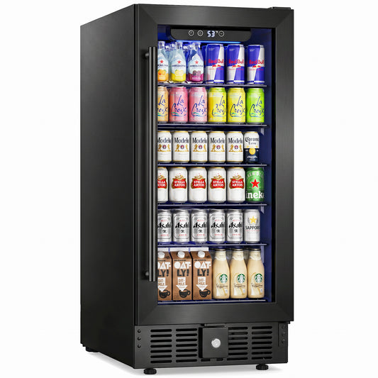 Snowyermine 15 Inch Beverage Refrigerator Under Counter - 130 Cans Beverage Fridge with Glass Door for Beer Wine Soda, Black Stainless Steel