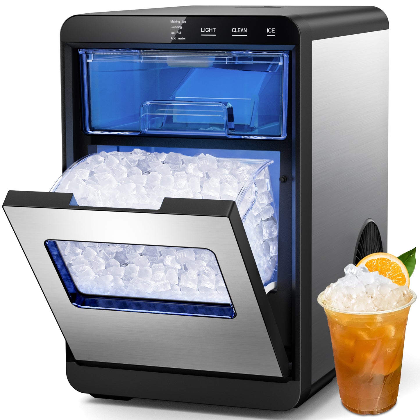 Snowyermine Nugget Ice Maker Countertop, 44lbs per Day Chewable Pebble Nugget Ice Machine with Touch Screen for Home, Kitchen, Office, Stainless Steel, Black