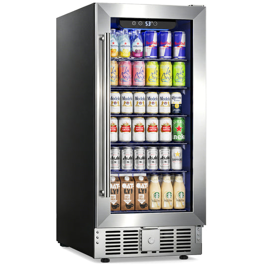 Snowyermine 15 Inch Beverage Refrigerator Under Counter - 130 Cans Beverage Fridge with Glass Door for Beer Wine Soda, Silver Stainless Steel