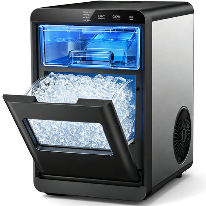 Snowyermine Nugget Ice Maker Countertop, 44 lbs per Day, Soft, Chewable Sonic-Style Pebble Ice, One-Touch Self-Cleaning, Stainless Steel, Black, for Home, Kitchen, Office, RV and Camping
