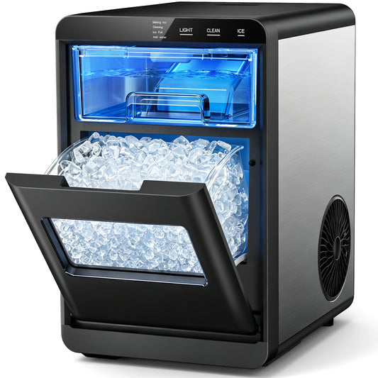 Snowyermine Nugget Ice Maker Countertop, 44 lbs per Day, Soft, Chewable Sonic-Style Pebble Ice, One-Touch Self-Cleaning, Stainless Steel, Black, for Home, Kitchen, Office, RV and Camping