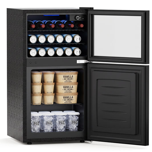 Snowyermine 2.6 cu.ft. Beverage Refrigerator with Freezer, Dual-Zone Mini Fridge with Glass Door and LED Light, Freestanding for Home, Office