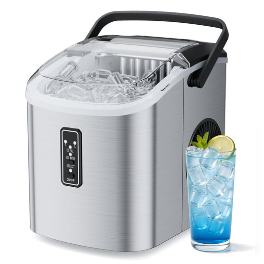 Snowyermine Countertop Ice Maker with Handle, 26 lbs/24H Portable Ice Machine, 2 Bullet Ice Sizes, 9 Cubes in 6 Minutes, Self-Cleaning for Home, Bar, RV and Camping
