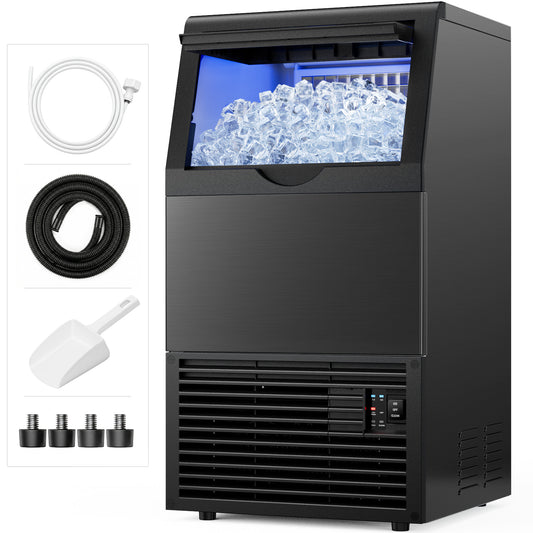 Snowyermine Commercial Ice Maker, 100 lbs/24H, Built-In & Freestanding, 33 lb Storage Bin, 6 Ice Thickness Levels, Black