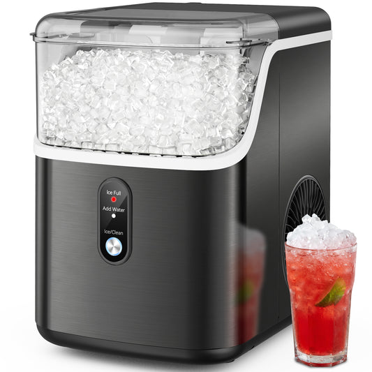 Snowyermine Nugget Ice Maker Countertop, 35 lbs per Day, Soft, Chewable Sonic-Style Pebble Ice, One-Touch Self-Cleaning, Stainless Steel, Black, for Home, Kitchen, Office, RV and Camping