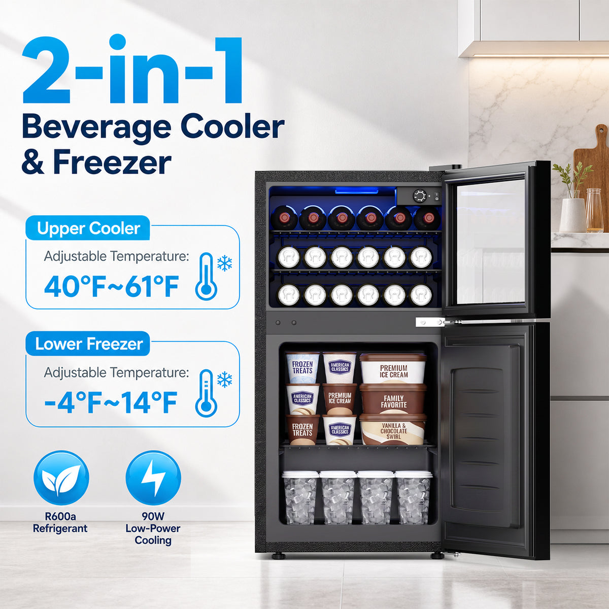 Snowyermine 2.6 cu.ft. Beverage Refrigerator with Freezer, Dual-Zone Mini Fridge with Glass Door and LED Light, Freestanding for Home, Office