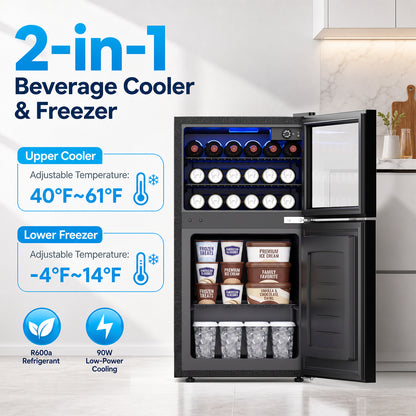 Snowyermine 2.6 cu.ft. Beverage Refrigerator with Freezer, Dual-Zone Mini Fridge with Glass Door and LED Light, Freestanding for Home, Office