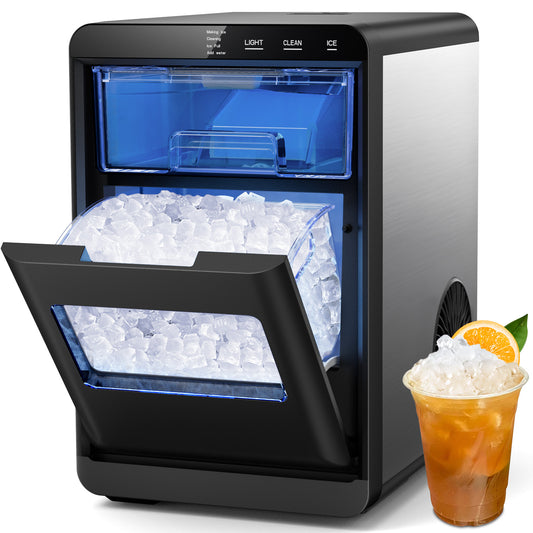 Snowyermine Countertop Nugget Ice Maker, 44 lbs/Day, Chewable Pebble Ice Machine with Self-Cleaning, for Home, Kitchen and Office, Stainless Steel Silver